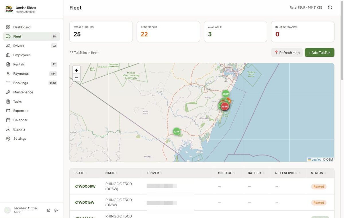 Live GPS fleet map with vehicle markers along the Kenyan coast